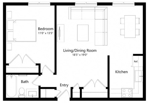 Floor plan for 1 bed, 1 bath, 684 sqft